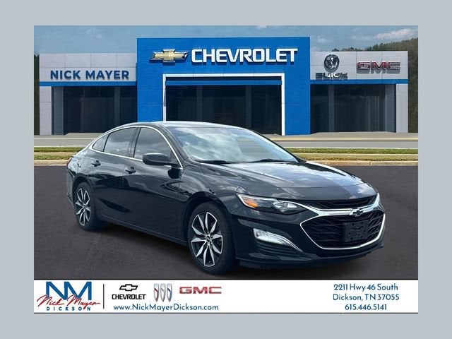 2020 Chevrolet Malibu RS in Mosaic Black Metallic — front three-quarter view